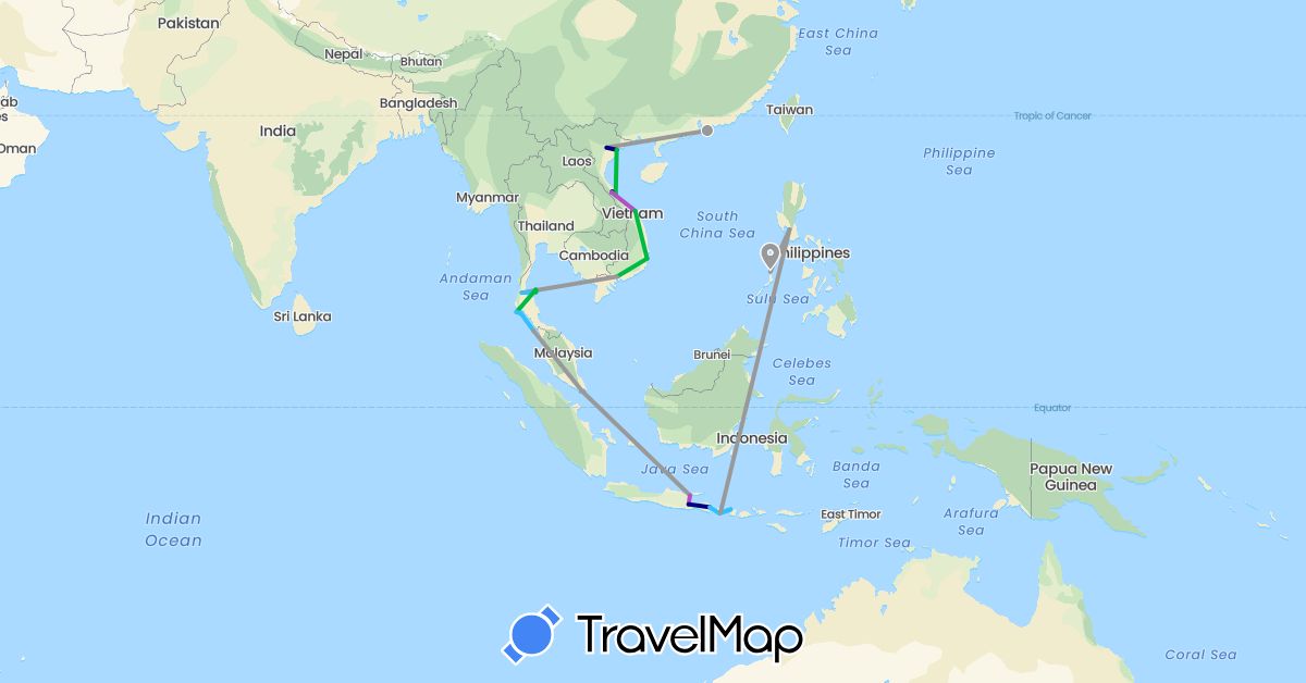 TravelMap itinerary: driving, bus, plane, train, boat in China, Indonesia, Malaysia, Philippines, Singapore, Thailand, Vietnam (Asia)